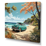 Vintage Old timer Classic Turquoise Car Beachside - Classic Cars Canvas Wall Art