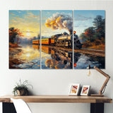 Steamtrain Travelling In The Sunset Painting - 3-Piece Canvas Wall Art