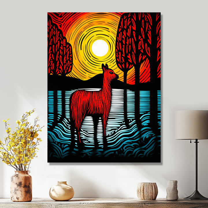 Minimal Red Alpaca Forest Sunset - Alpaca Wall Art Prints