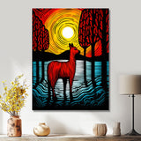 Minimal Red Alpaca Forest Sunset - Alpaca Wall Art Prints