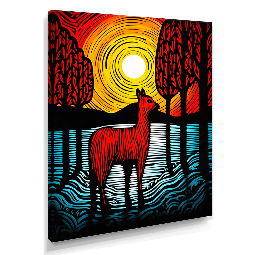 Minimal Red Alpaca Forest Sunset - Alpaca Wall Art Prints
