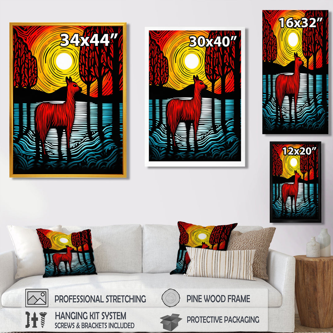 Minimal Red Alpaca Forest Sunset - Alpaca Wall Art Prints