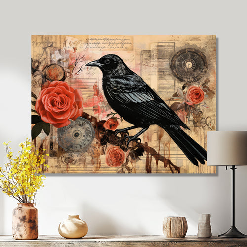 Craw With Red Rose Vintage Collage - Bird Floral Canvas Wall Art