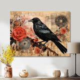 Craw With Red Rose Vintage Collage - Bird Floral Canvas Wall Art