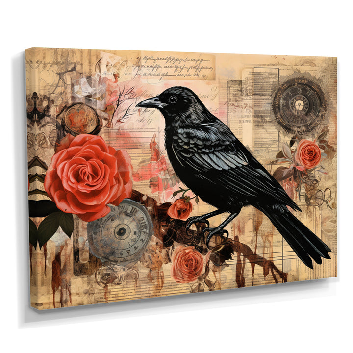 Craw With Red Rose Vintage Collage - Bird Floral Canvas Wall Art