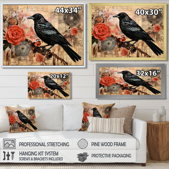 Craw With Red Rose Vintage Collage - Bird Floral Canvas Wall Art