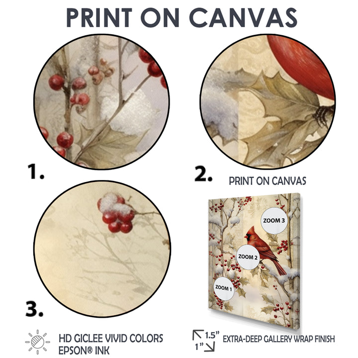 Red Cardinal Bird On Branch Christmas Wood - Bird Large Canvas Wall Art