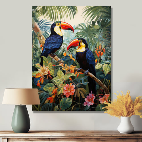Three Toucans In Tropical Flower Jungle - Toucan Home Decor Art