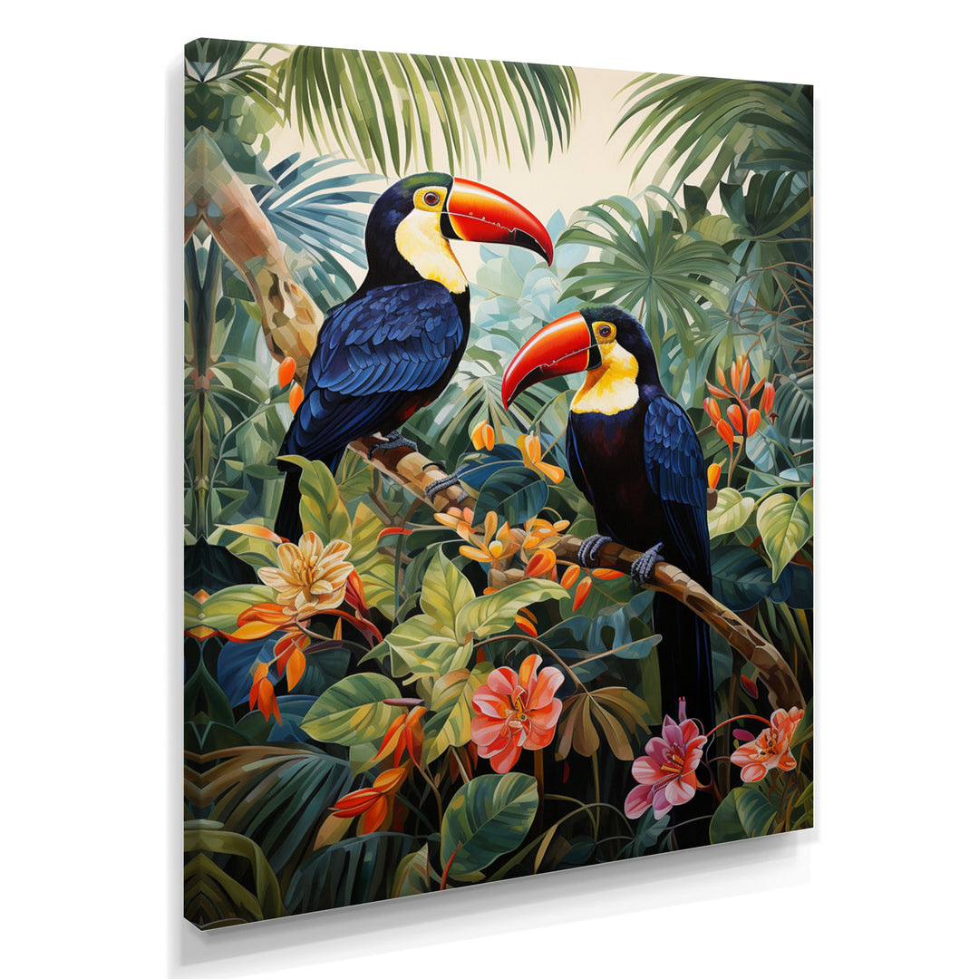 Three Toucans In Tropical Flower Jungle - Toucan Home Decor Art