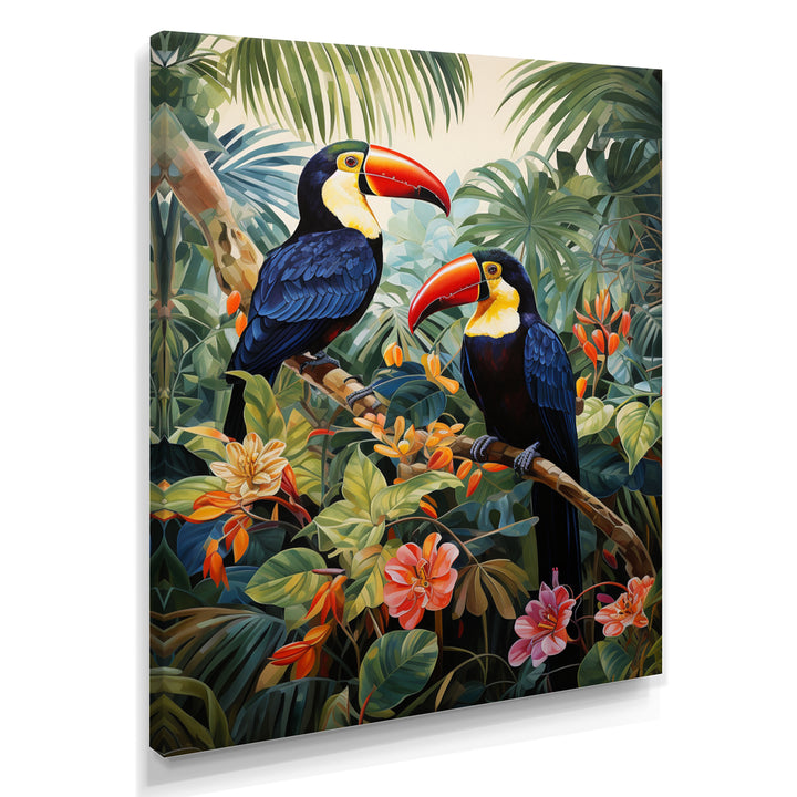 Three Toucans In Tropical Flower Jungle - Toucan Home Decor Art