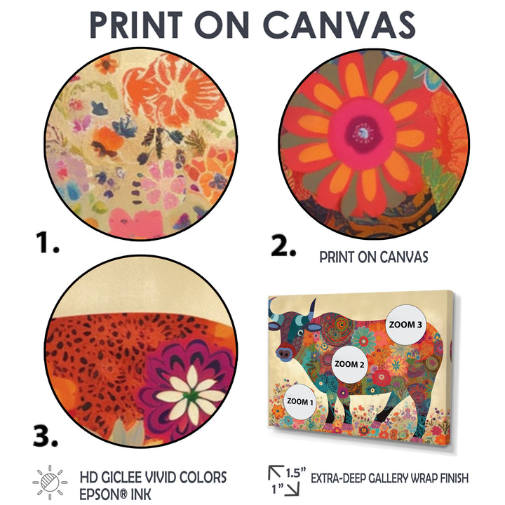 Colorful Flower Boho Bull - Bull Canvas Wall Art