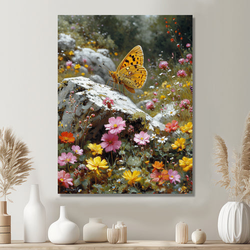 Tiger Swallowtail On Rock In Flower Field - Butterfly Wall Art Prints