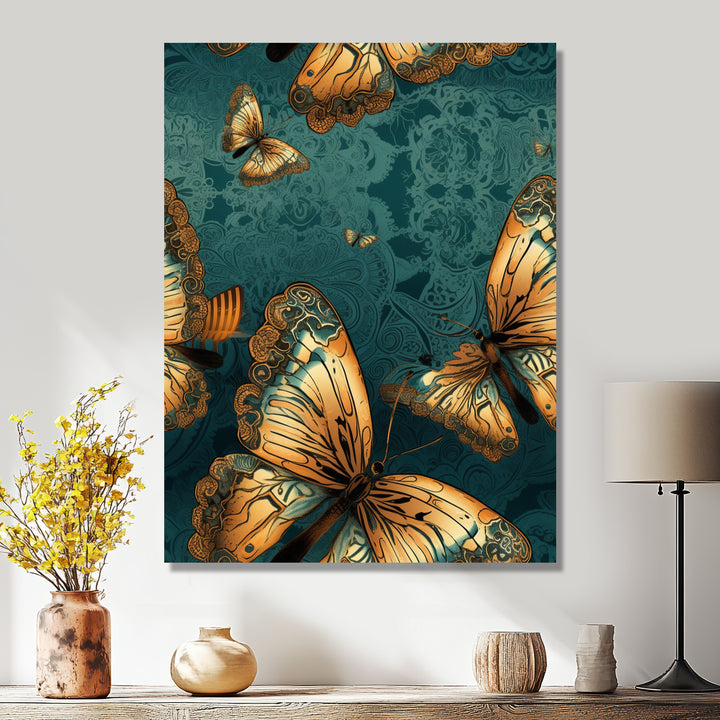 Golden Wings On Turquoise - Gold Butterfly Wall Art