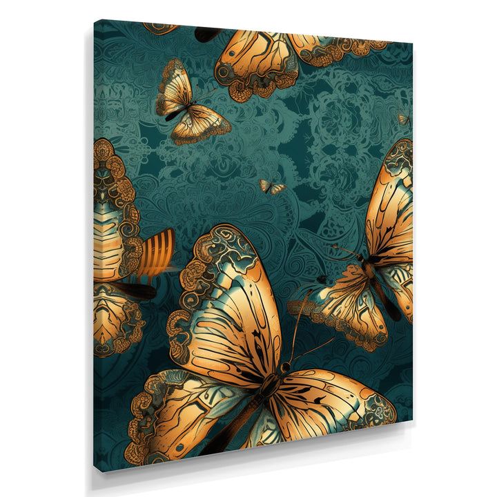 Golden Wings On Turquoise - Gold Butterfly Wall Art