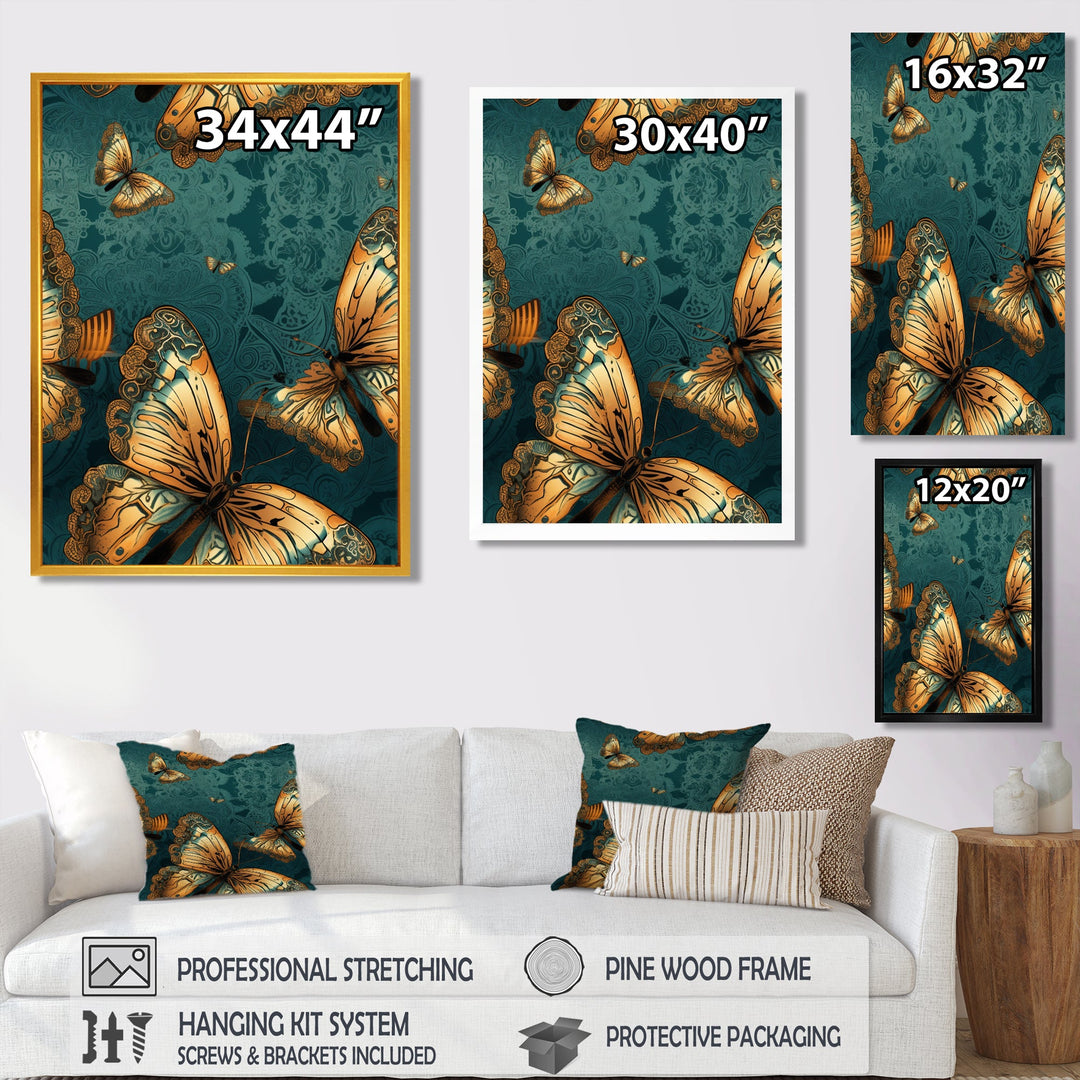 Golden Wings On Turquoise - Gold Butterfly Wall Art