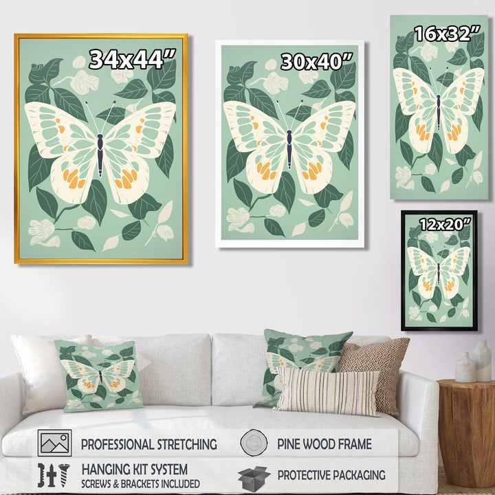 Butterfly White Wings On Retro Green - Butterfly Bedroom Wall Art