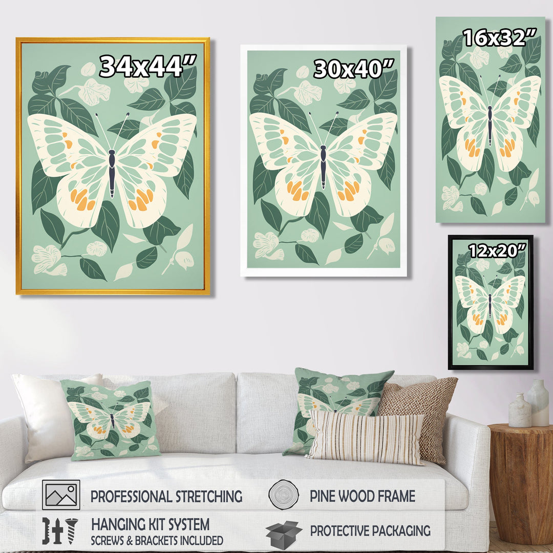Butterfly White Wings On Retro Green - Butterfly Bedroom Wall Art