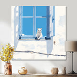 White Cat Sitting By The Window Blue Sky Greece - Cat Wall Art Prints