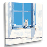 White Cat Sitting By The Window Blue Sky Greece - Cat Wall Art Prints