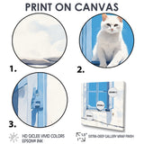 White Cat Sitting By The Window Blue Sky Greece - Cat Wall Art Prints