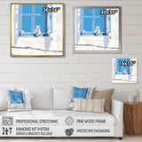 White Cat Sitting By The Window Blue Sky Greece - Cat Wall Art Prints