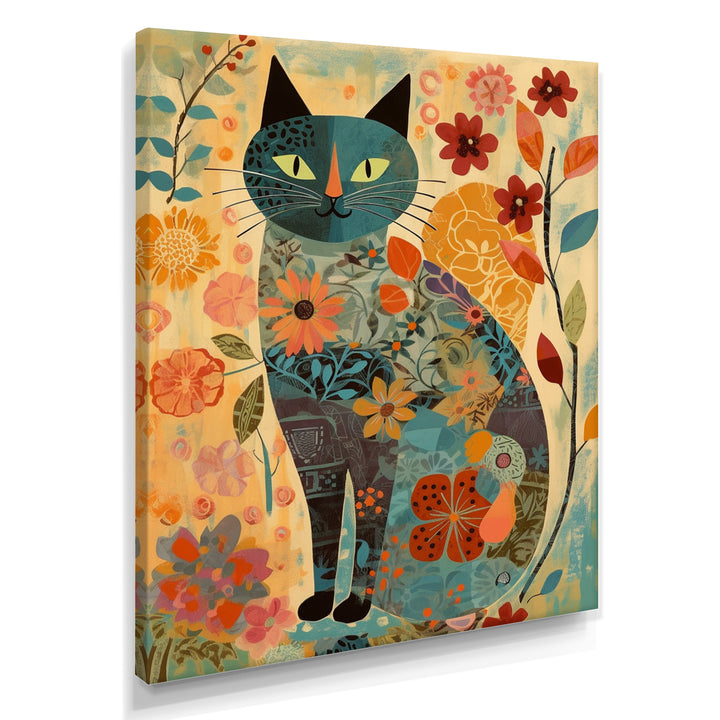 Boho Cat Flower Collage - Multi-Color Cat Wall Art