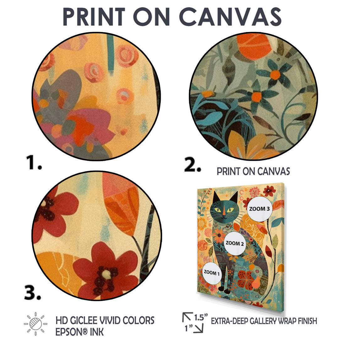 Boho Cat Flower Collage - Multi-Color Cat Wall Art