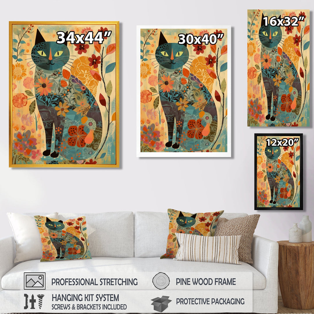 Boho Cat Flower Collage - Multi-Color Cat Wall Art