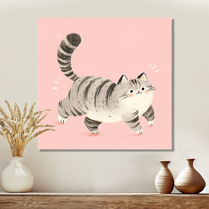 Fluffy Tiger Cat On Pink - Cat Living Room Wall Art