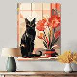 Retro Black Cat Sitting By Red Flowers - Cat Canvas Wall Art