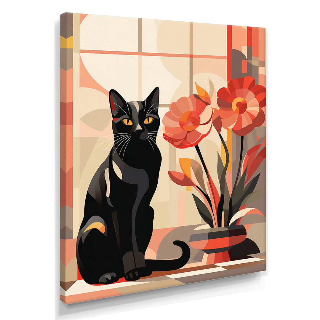 Retro Black Cat Sitting By Red Flowers - Cat Canvas Wall Art
