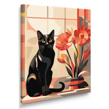 Retro Black Cat Sitting By Red Flowers - Cat Canvas Wall Art