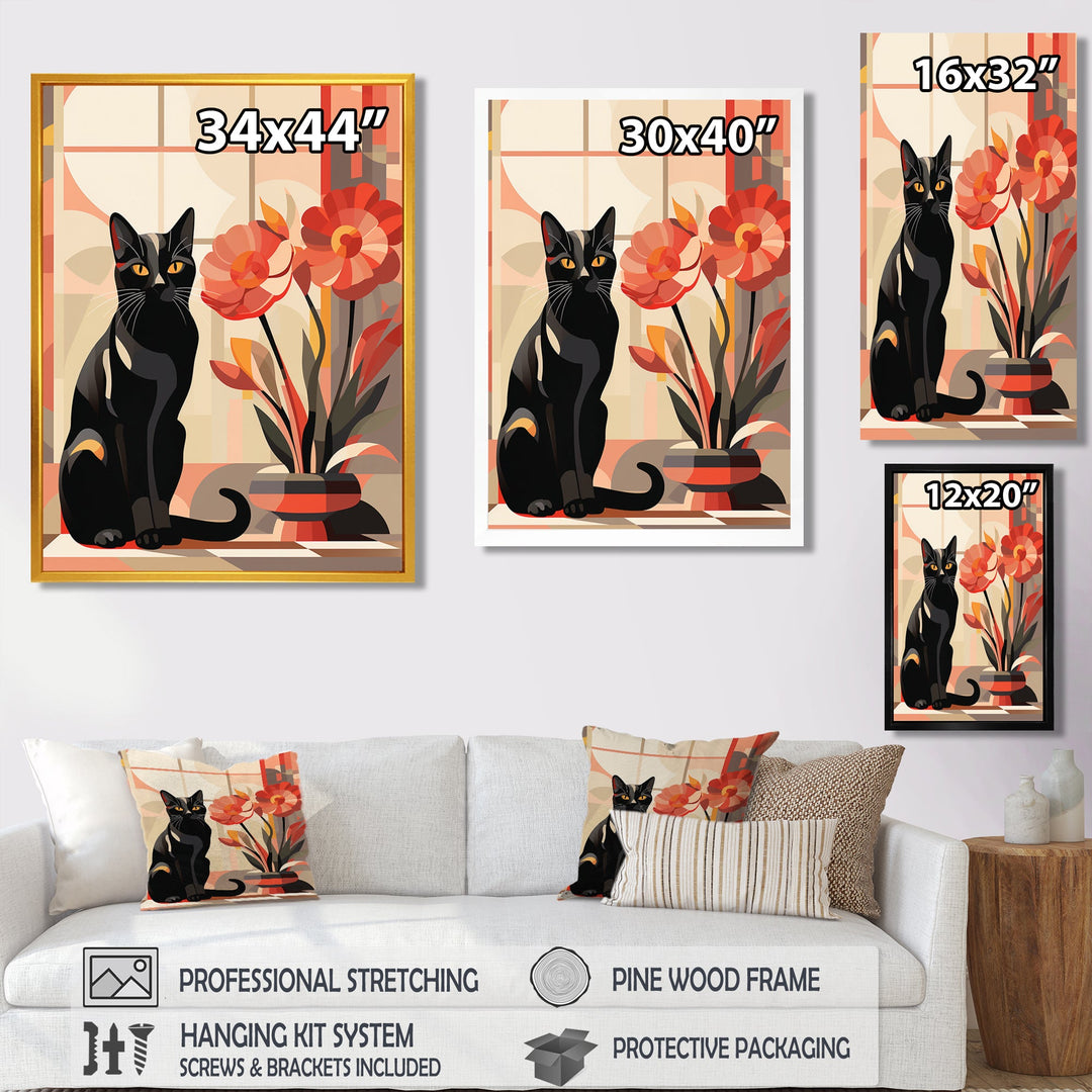 Retro Black Cat Sitting By Red Flowers - Cat Canvas Wall Art