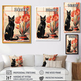 Retro Black Cat Sitting By Red Flowers - Cat Canvas Wall Art