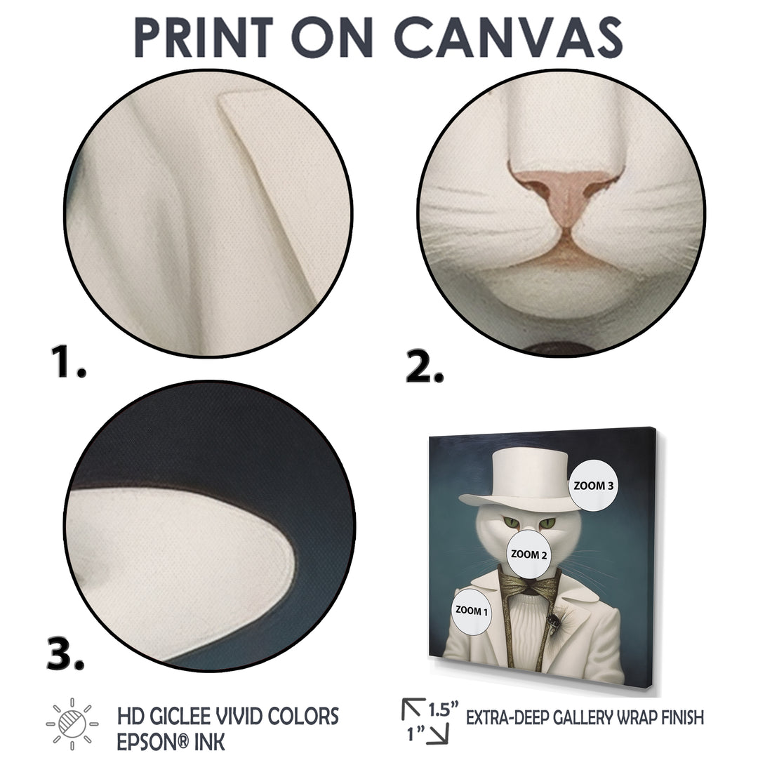Fancy White Cat In Suit With White Hat - Cat Fashion Wall Decor