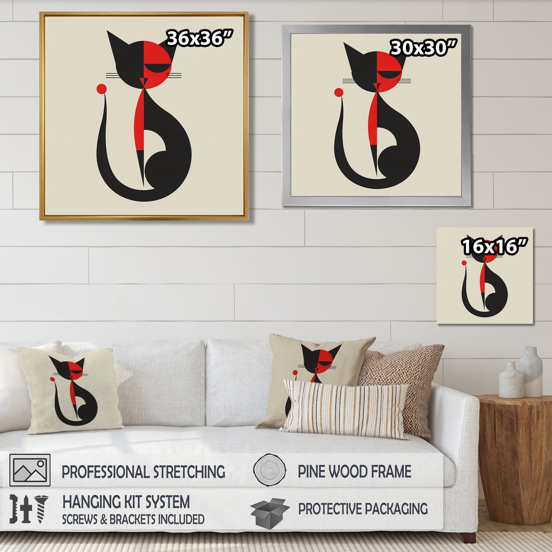 Minimal Cat In Black And Red - Black Cat Wall Art