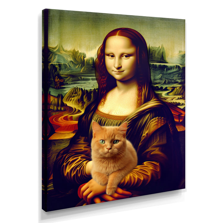 Mona Lisa With Brown Cat - Cat Framed Canvas Art