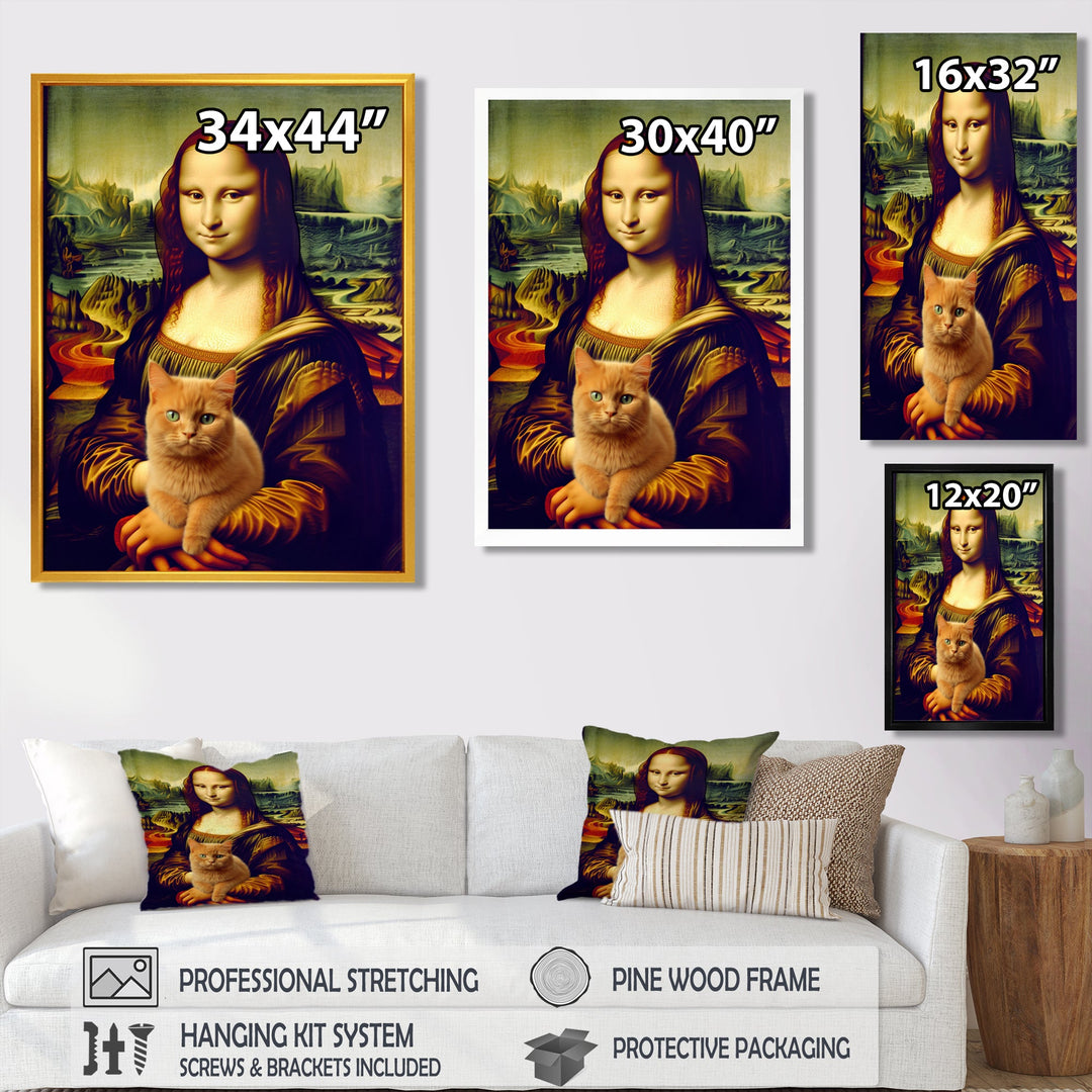 Mona Lisa With Brown Cat - Cat Framed Canvas Art