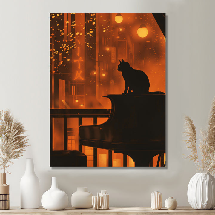 Urban Cat On Piano - Cat Large Canvas Wall Art