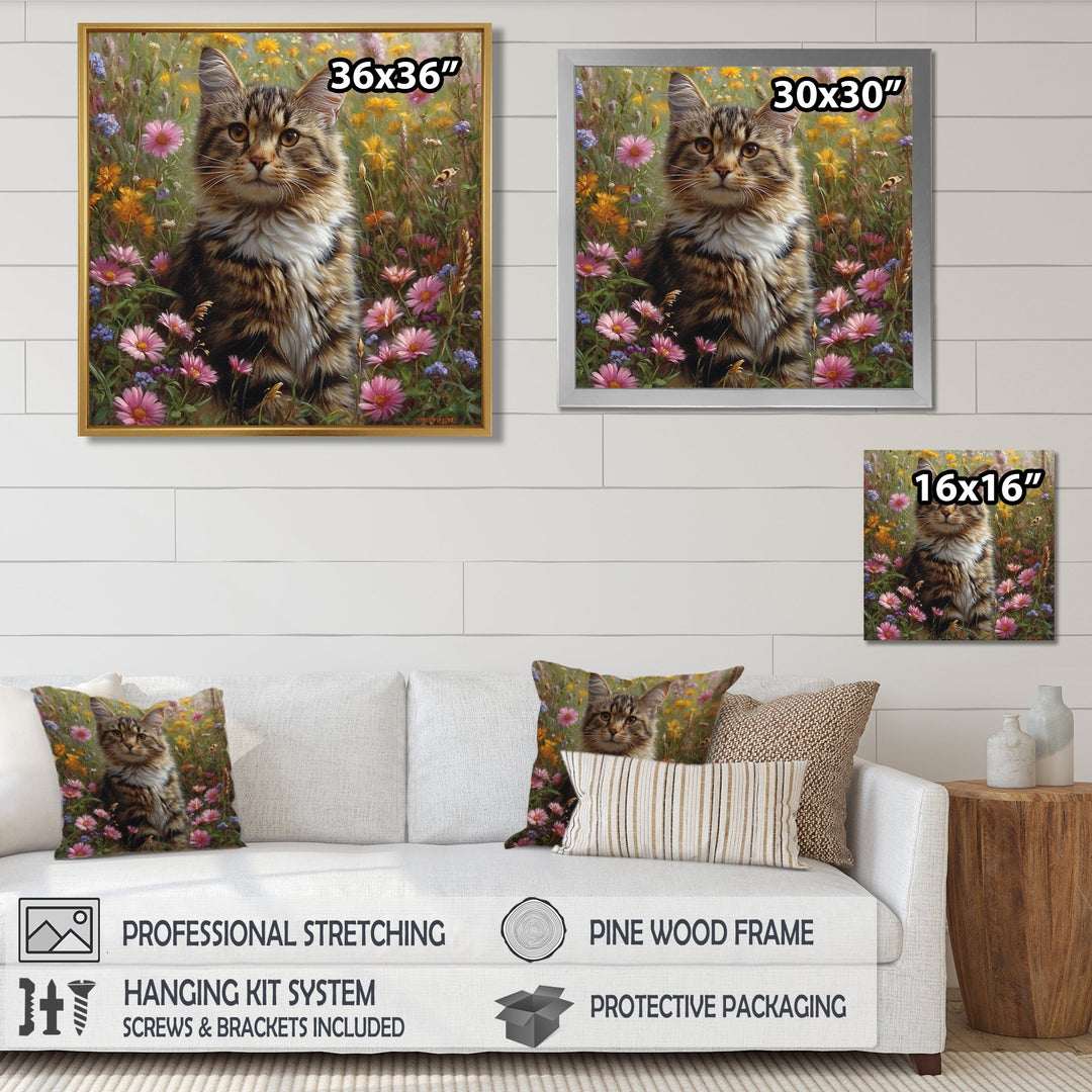 Cute Tiger Cat In Flower Field - Cat Home Decor Art