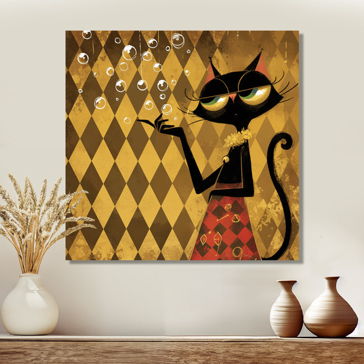 Retro Glam Cat Teasing - Cat Bedroom Wall Art