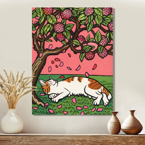 Cat Sleeping Under Cherry Blossom Tree - Cat Wall Decor
