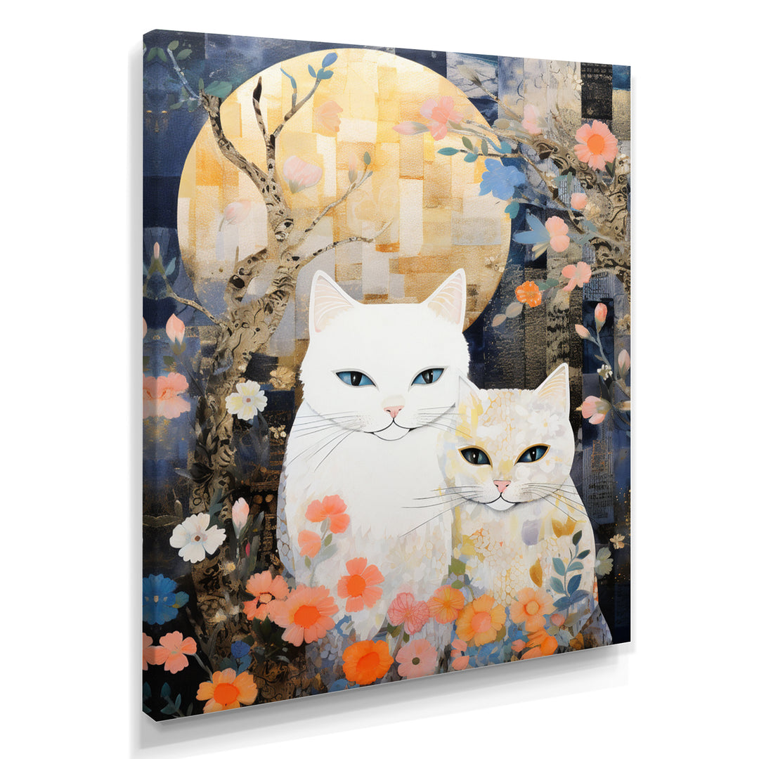 Cute White Cats Flower Full Moon - White Cat Wall Art