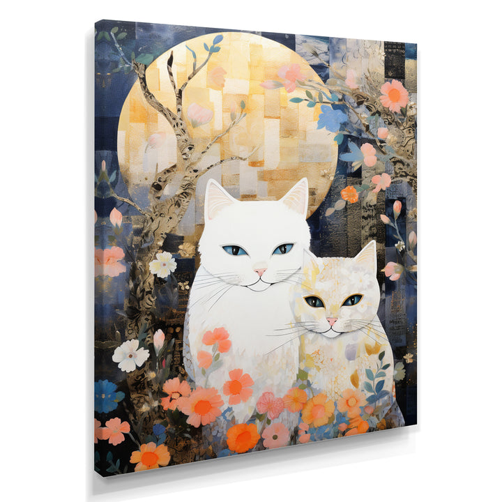 Cute White Cats Flower Full Moon - White Cat Wall Art
