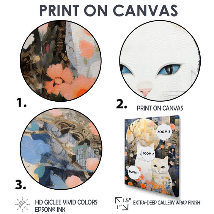 Cute White Cats Flower Full Moon - White Cat Wall Art