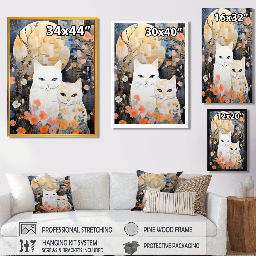 Cute White Cats Flower Full Moon - White Cat Wall Art