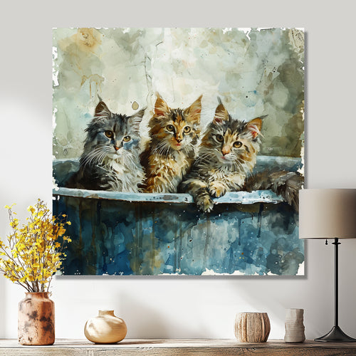 Three Cute Kitten In A Bathtub - Cat Bathroom Large Canvas Wall Art