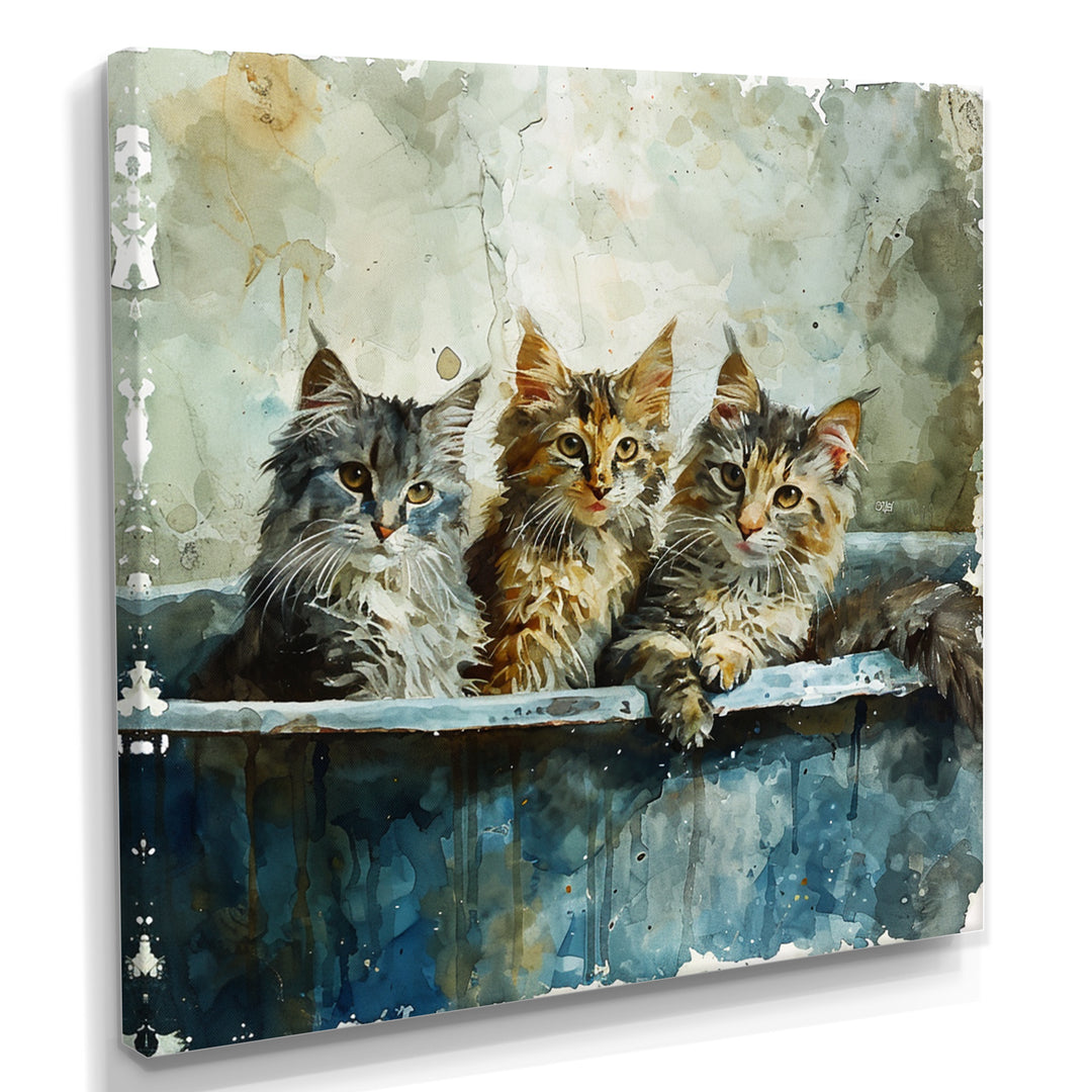 Three Cute Kitten In A Bathtub - Cat Bathroom Large Canvas Wall Art
