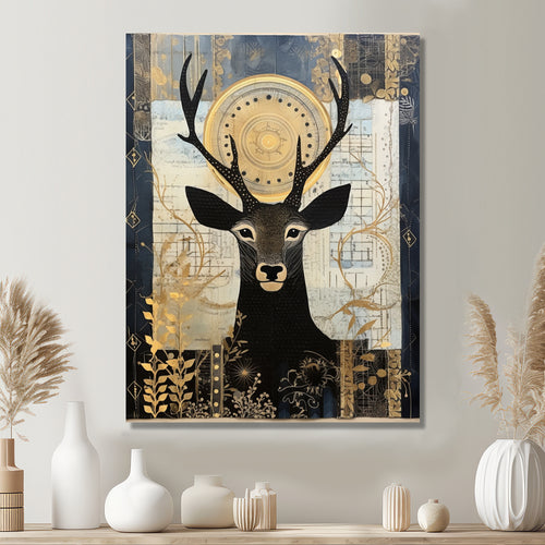 Deer Collage Botanical Gold - Deer Landscape Living Room Wall Art
