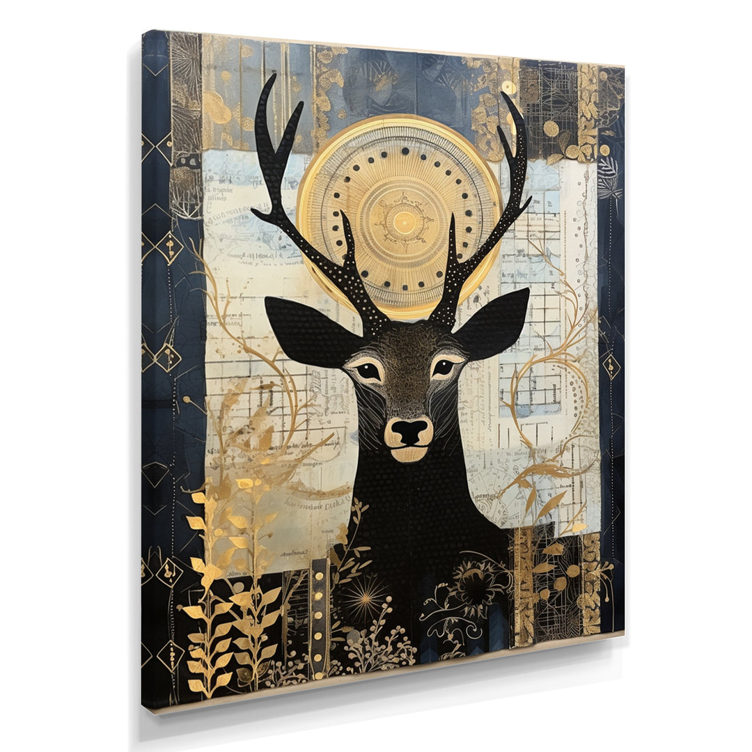 Deer Collage Botanical Gold - Deer Landscape Living Room Wall Art